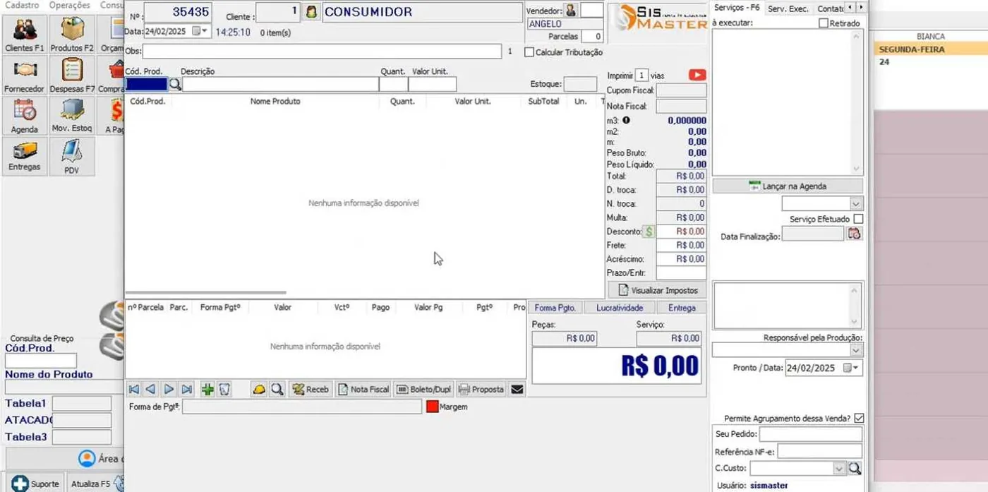 Tela do sistema SisMaster